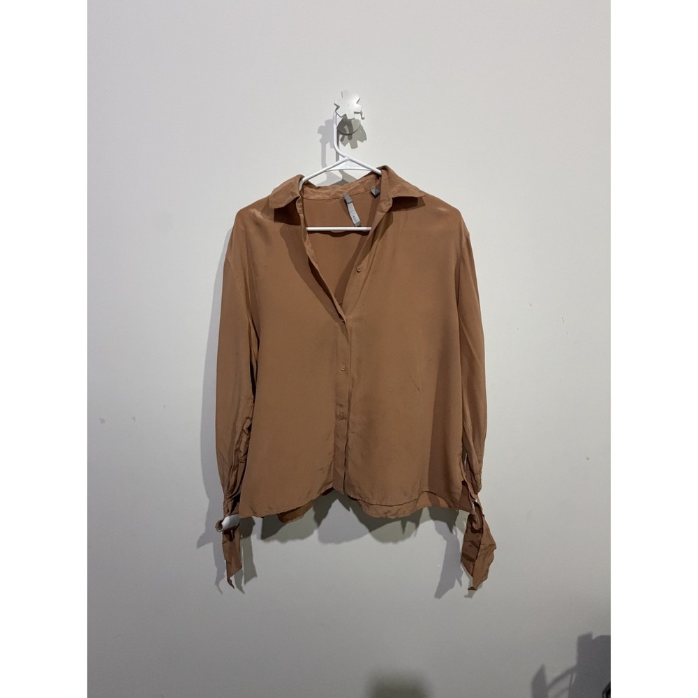 Vince‎ 100% Silk Button Up Blouse Tie Cuff Tan Camel Women Size S